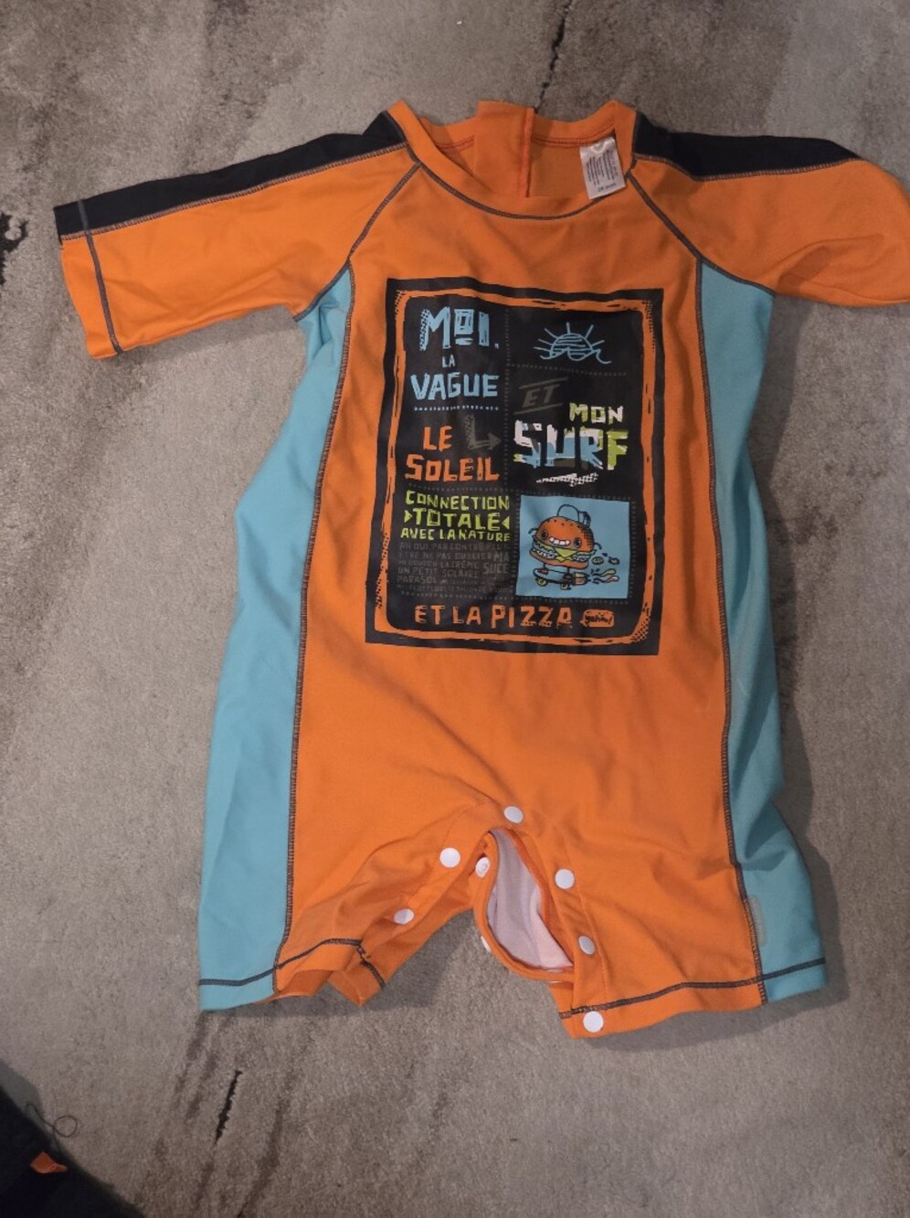 Kids Orange & Teal Surf Graphic One-Piece Swimsuit Maillot Sm 24 Mois Etat Neuf